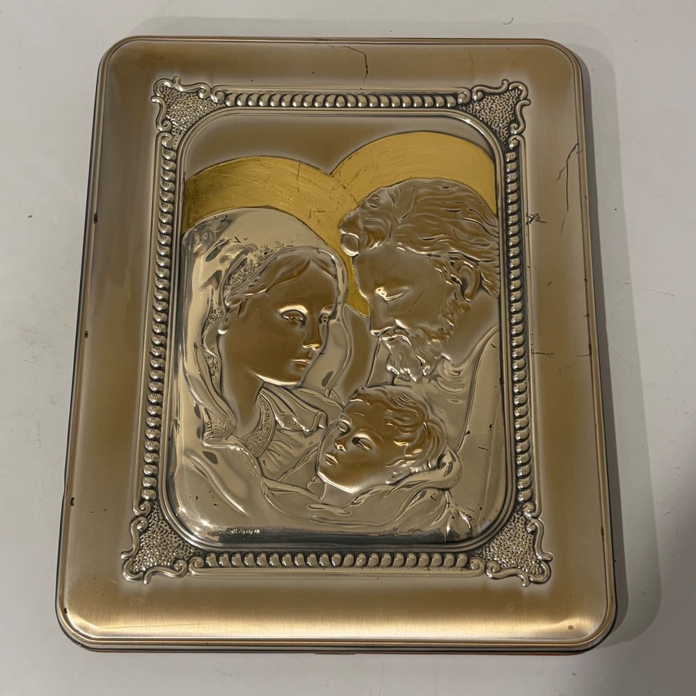 Holy Family Religious Icon Plaque Silver Gold Tone Metal Wood Backing 7x5.5